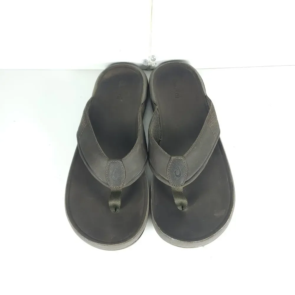 Olukai Men's Tuahine US13 Canteen Leather Waterproof Flat Thong Sandals